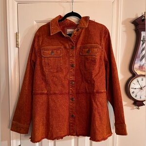LOGO by Lori Goldstein Desert Wash Denim Jacket with Frayed Hem, Burnt Brick, XL